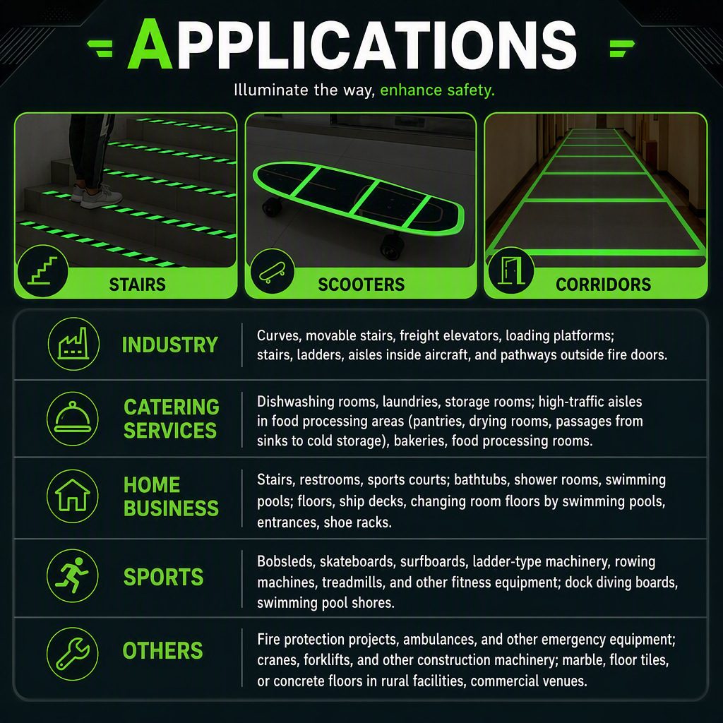 Glow-in-the-dark anti-slip tape application guide: stairs, scooters, corridors, industry, catering services, home business, sports and emergency equipment