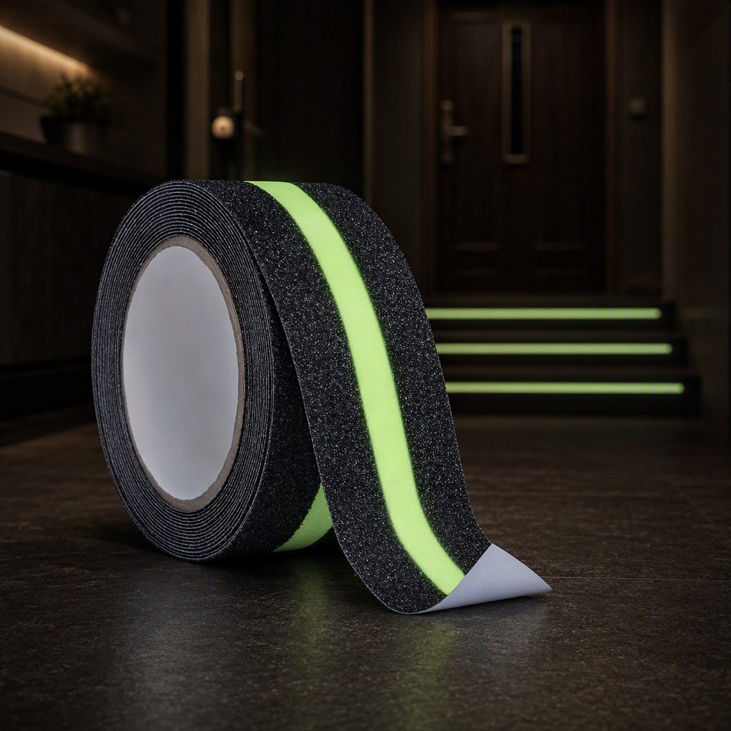 Glow-in-the-dark anti-slip tape installed on indoor stairs — luminescent center strip lights up in low-light conditions